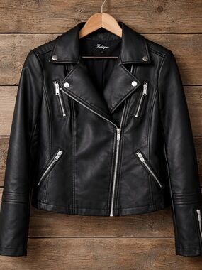 Fahsyee Black FAUX Leather Moto Jacket with Silver Hardware Size S
